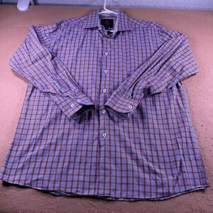 Tattersall London Mens 17 34/35 Blue Orange Plaid Cotton Button Down Shirt L/XL